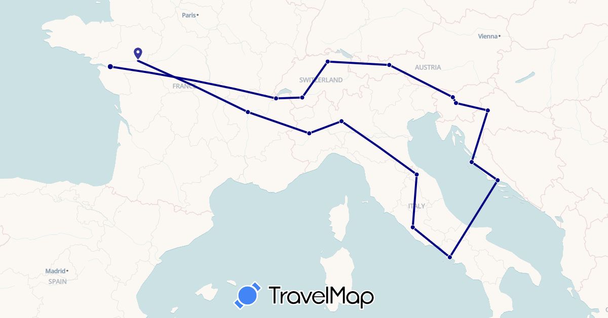 TravelMap itinerary: driving in Austria, Switzerland, France, Croatia, Italy, Slovenia (Europe)
